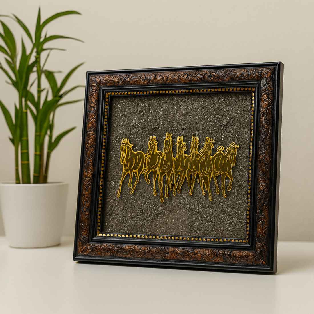 “Golden Victory – 7 Horses Raw Pyrite Vastu Frame”