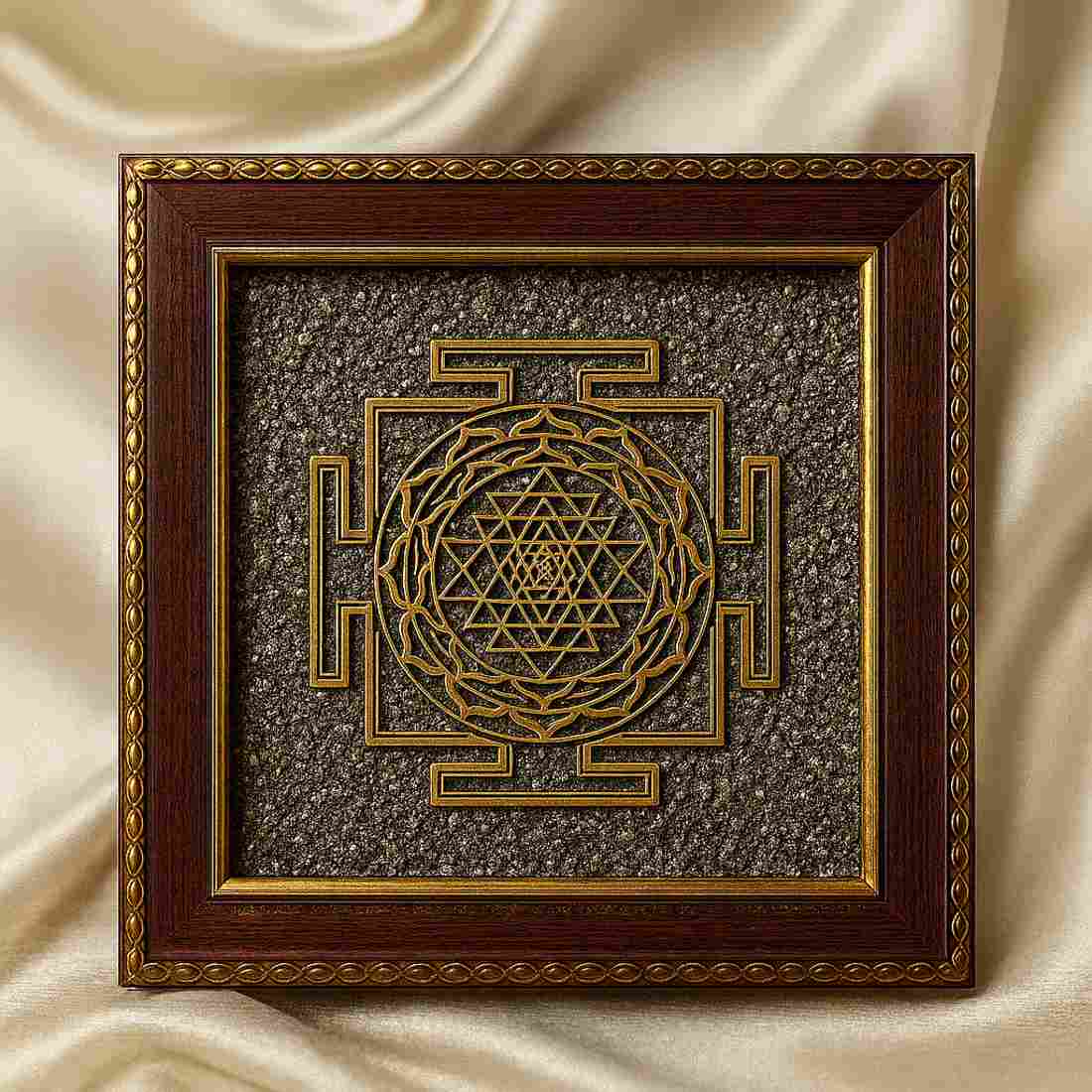 “Golden Shree Yantra – Raw Pyrite Prosperity Frame”