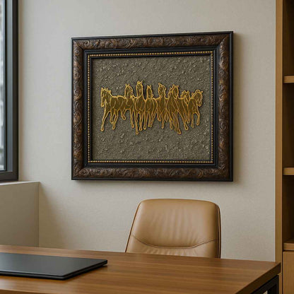 “Golden Victory – 7 Horses Raw Pyrite Vastu Frame”