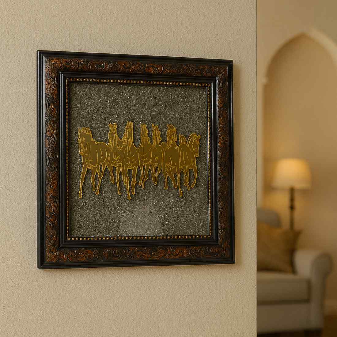 “Golden Victory – 7 Horses Raw Pyrite Vastu Frame”