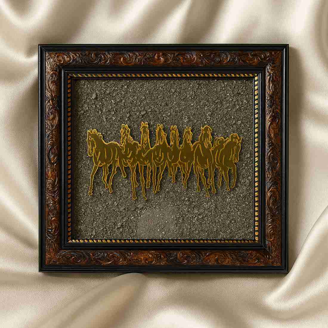 “Golden Victory – 7 Horses Raw Pyrite Vastu Frame”