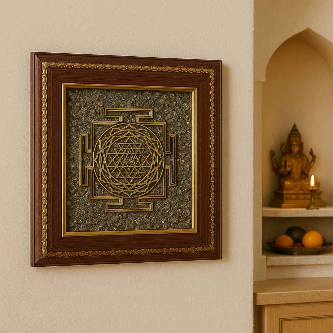 “Golden Shree Yantra – Raw Pyrite Prosperity Frame”