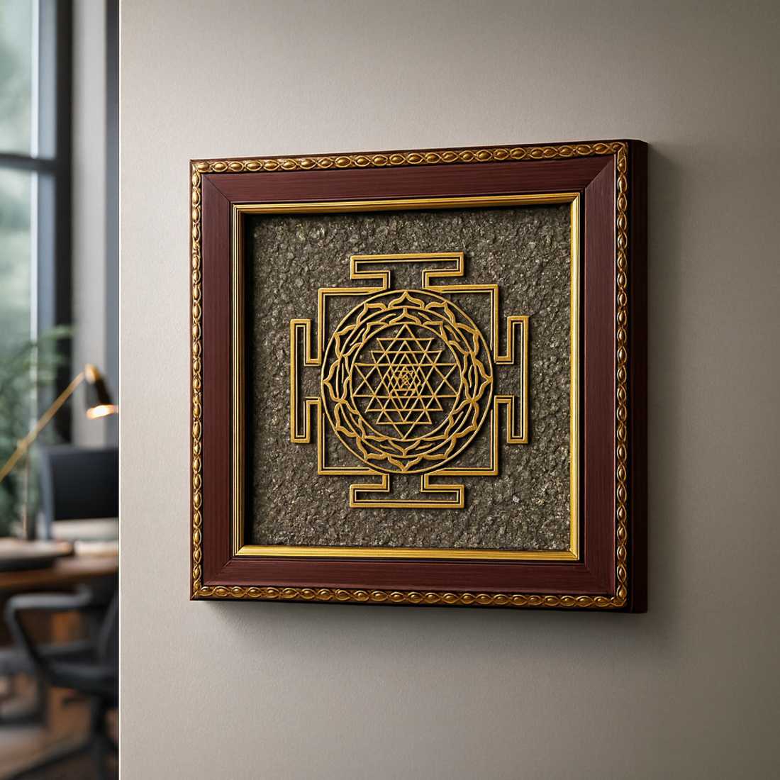 “Golden Shree Yantra – Raw Pyrite Prosperity Frame”