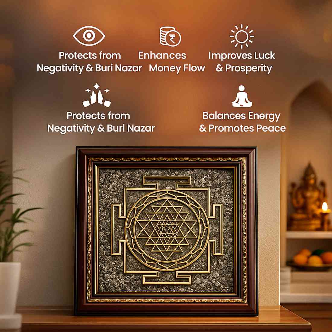 “Golden Shree Yantra – Raw Pyrite Prosperity Frame”